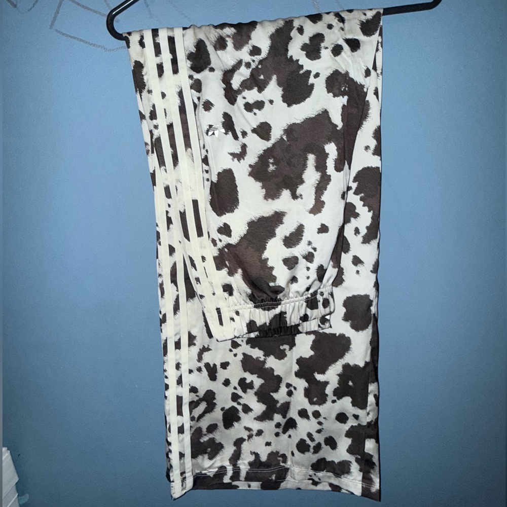 adidas Wide Leg Cow Print Track Pants in White and Brown - Picture 8 of 13